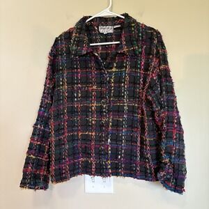 VINTAGE 80s Silver Stream 100% COTTON Jacket Large‎ Black Colorful Tweed Fringe